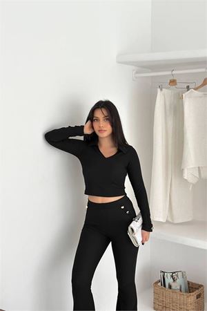 Kadın gömlek yaka düğmeli crop pantolon takım DPK4322