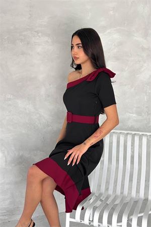 Kadın siyah tek omuz fiyonk detaylı kemerli kloş midi elbise DPK4189