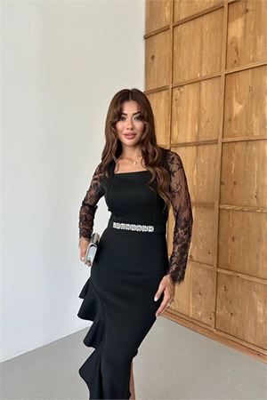 Kadın datelli etek volanlı asimetrik elbise DPNC2603