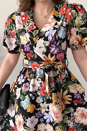 Kuşaklı poplin kumaş Çiçek desenli elbise DPMY3467