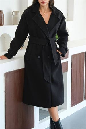 Neşeli butik kadın omuz detaylı siyah kaşe kaban NBMYLK34