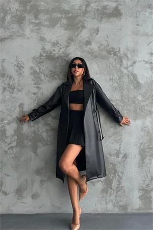 Neşeli butik kadın Marilyn siyah suni deri trençkot NBMYLK21