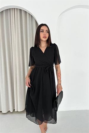 Kadın siyah kuşaklı kruvaze yaka anvelop şifon elbise DPK4520