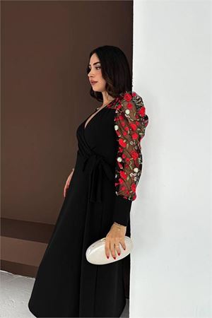 Kadın siyah çiçek işlemeli tül kol detaylı midi boy elbise DPK4409