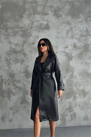 Neşeli butik kadın Marilyn siyah suni deri trençkot NBMYLK21
