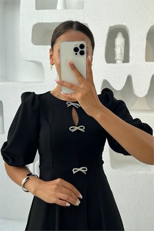 Kadın fiyonklu karpuz kol midi örme elbise DPMY3578