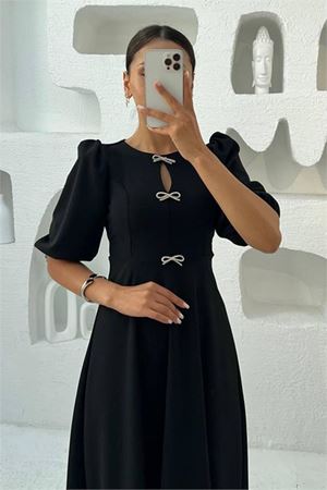 Kadın fiyonklu karpuz kol midi örme elbise DPMY3578
