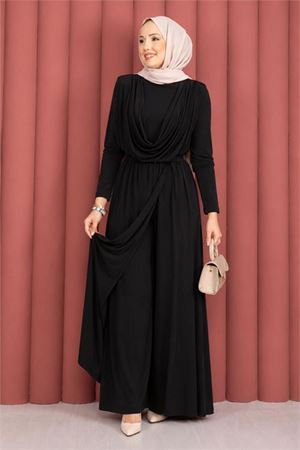 Neşeli butik kadın siyah degaje yaka kuşaklı sandy kumaş tesettür tulum NMS089