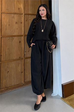 Kadın siyah asimetrik tunik pantolon oversize tesnsel tesettür takım NMS104