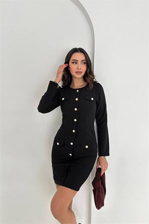 Kadın double kumaş düğmeli uzun kol mini elbise DPK4388