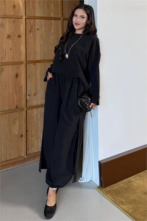 Kadın siyah asimetrik tunik pantolon oversize tesnsel tesettür takım NMS104
