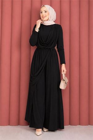 Neşeli butik kadın siyah degaje yaka kuşaklı sandy kumaş tesettür tulum NMS089