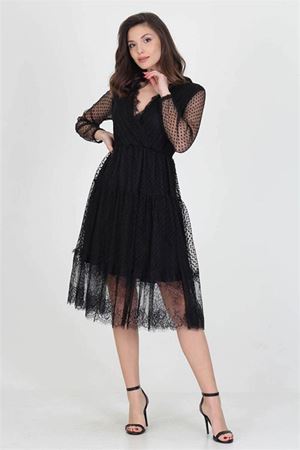 Neseli butik kruvaze yaka eteği güpür detaylı yeni sezon elbise DP0010