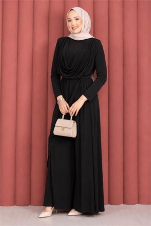 Neşeli butik kadın siyah degaje yaka kuşaklı sandy kumaş tesettür tulum NMS089
