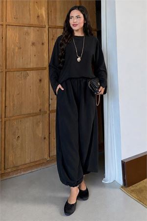Kadın siyah asimetrik tunik pantolon oversize tesnsel tesettür takım NMS104