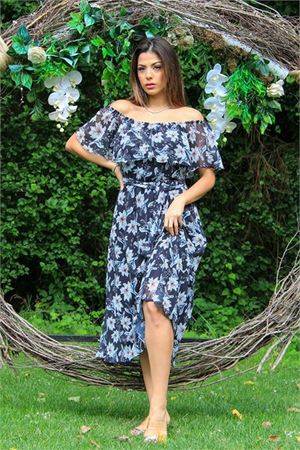 Neşeli butik kadın siyah carmen yaka çiçekli yazlık şifon elbise NB10037