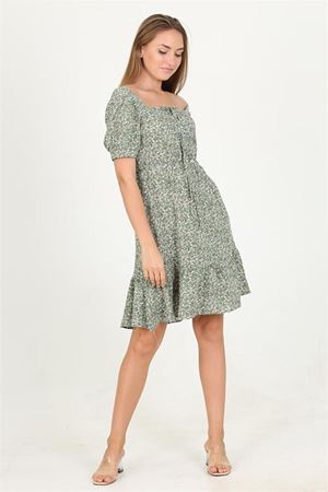Neşeli butik kadın siyah yakası büzgülü çiçek desenli viskon elbise Lptr11