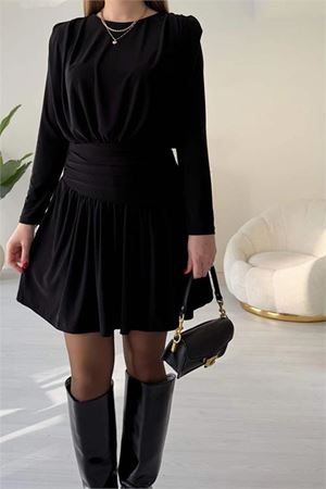 Kadın siyah sandy kumaş vatka ve drape detaylı mini boy elbise DPDKS1404