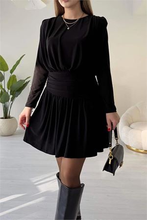 Kadın siyah sandy kumaş vatka ve drape detaylı mini boy elbise DPDKS1404