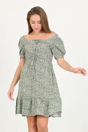 Neşeli butik kadın siyah yakası büzgülü çiçek desenli viskon elbise Lptr11