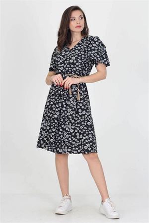 Neşeli butik kadın hasır kemerli çiçek desenli beli lastikli elbise RY60203