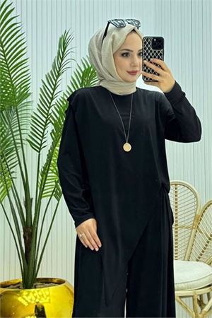 Neşeli butik kadın candy kumaş asimetrik kesim tunik pantolon ikili tesettür takım NMS072