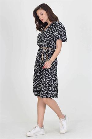 Neşeli butik kadın hasır kemerli çiçek desenli beli lastikli elbise RY60203
