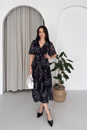 Kadın siyah kruvaze yaka desenli midi boy şifon elbise DPK4587