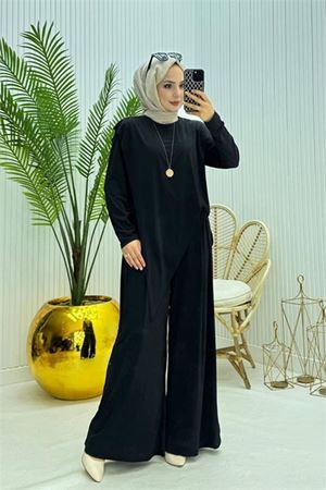 Neşeli butik kadın candy kumaş asimetrik kesim tunik pantolon ikili tesettür takım NMS072