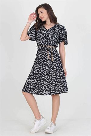 Neşeli butik kadın hasır kemerli çiçek desenli beli lastikli elbise RY60203