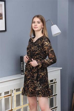 kadın desenli düğme detaylı şifon elbise DPRSSN38 - Siyah