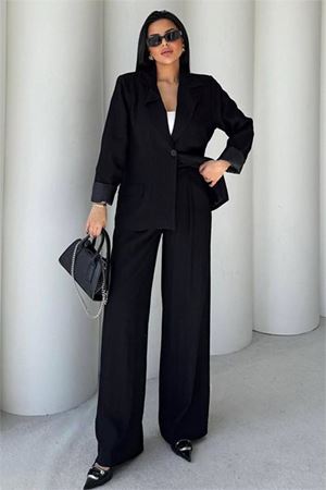 Kadın siyah oversize tek düğmeli blazer ceket pantolon takım DPSTR4085