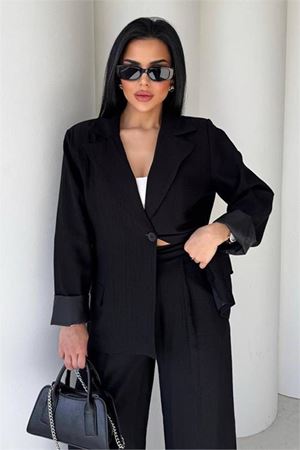 Kadın siyah oversize tek düğmeli blazer ceket pantolon takım DPSTR4085