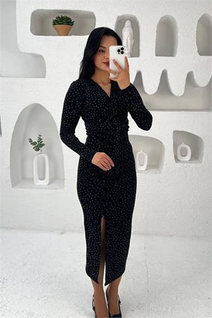 Kadın kruvaze yaka ışıltılı midi boy elbise DPMY3837