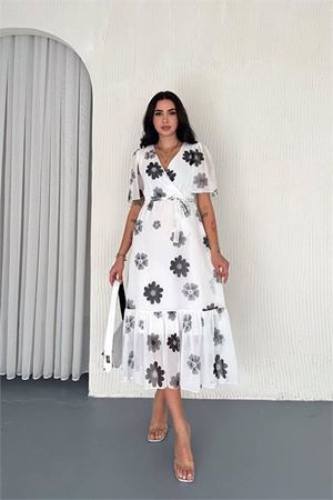 Dipmoda kadın kuşaklı çiçek desenli şifon elbise DPK41181