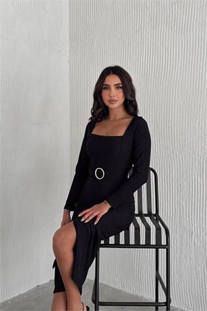 Kadın kemerli kare yaka elbise DPK4317