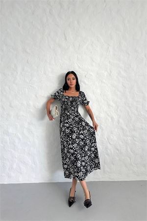 Dipmoda kadın yazlık madonna yaka desenli viskon elbise DPG022