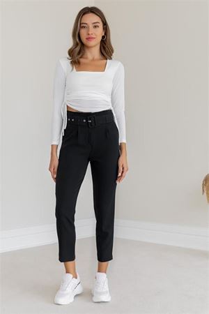 Neşeli butik kadın yüksek bel kemerli pantolon QNS040 - Siyah