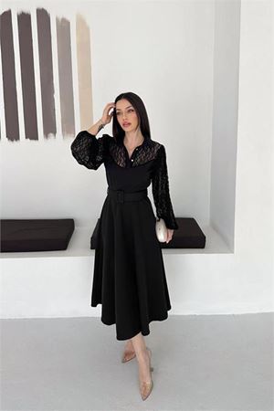 Kadın siyah gömlek yaka transparan üst detaylı kemerli midi boy elbise DPK4581