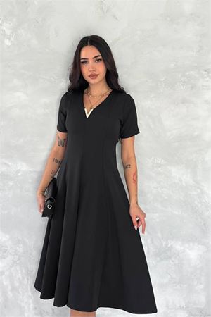 Dipmoda kadın esnek V-yaka midi boy astarsız elbise DPK4179