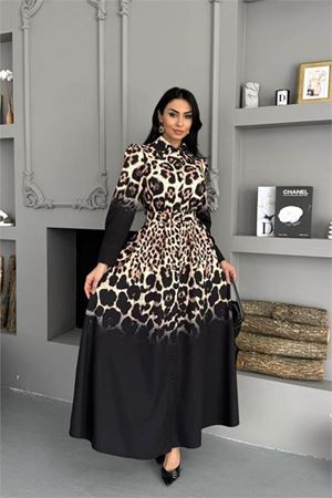 Kadın düğmeli atlas kumaş siyah leopar desenli ithal elbise DPMS2597