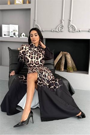 Kadın düğmeli atlas kumaş siyah leopar desenli ithal elbise DPMS2597