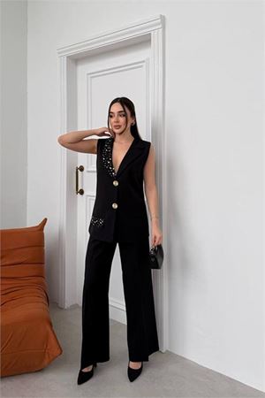 Kadın bej taş işlemeli gold düğme detaylı kolsuz blazer ceket pantolon takım DPSTR1030