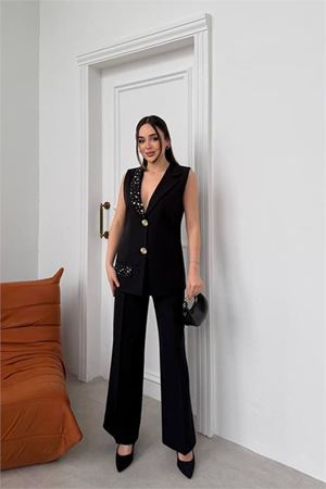 Kadın bej taş işlemeli gold düğme detaylı kolsuz blazer ceket pantolon takım DPSTR1030