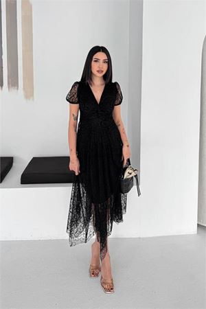 Kadın siyah asimetrik kesim flok baskılı midi boy elbise DPK078