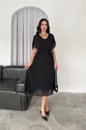kadın kuşaklı midi boy şifon elbise DPK4116