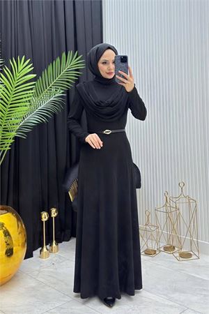 Kadın siyah sandy kumaş degaje yaka kemer detaylı tesettür elbise---- NMS096