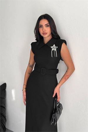 Dipmoda kadın broş detaylı kemerli midi elbise DPK4114