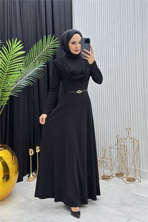Kadın siyah sandy kumaş degaje yaka kemer detaylı tesettür elbise---- NMS096