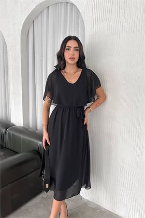kadın kuşaklı midi boy şifon elbise DPK4116